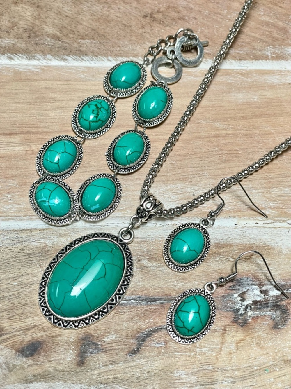 Turquoise Oval Pendant Necklace and Earring Set - Silver-Tone